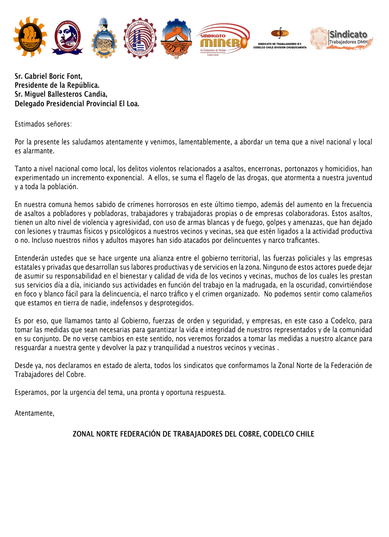 CON CARTA DIRIGIDA AL PRESIDENTE DE LA REPUBLICA GABRIEL BORIC FONT ...